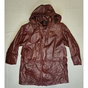 Phase Two Womens Burgundy Red Leather Anorak Jacket XL Hooded Lined VTG Zip Up